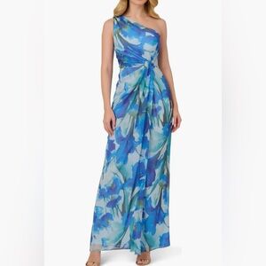Adrianna Papell One-Shoulder Blue Floral Chiffon Gown